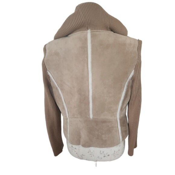 Q.U.E. Leather Suede Tan Short Jacket Open front w/ Hood & Pom Poms Size Medium - Picture 4 of 10